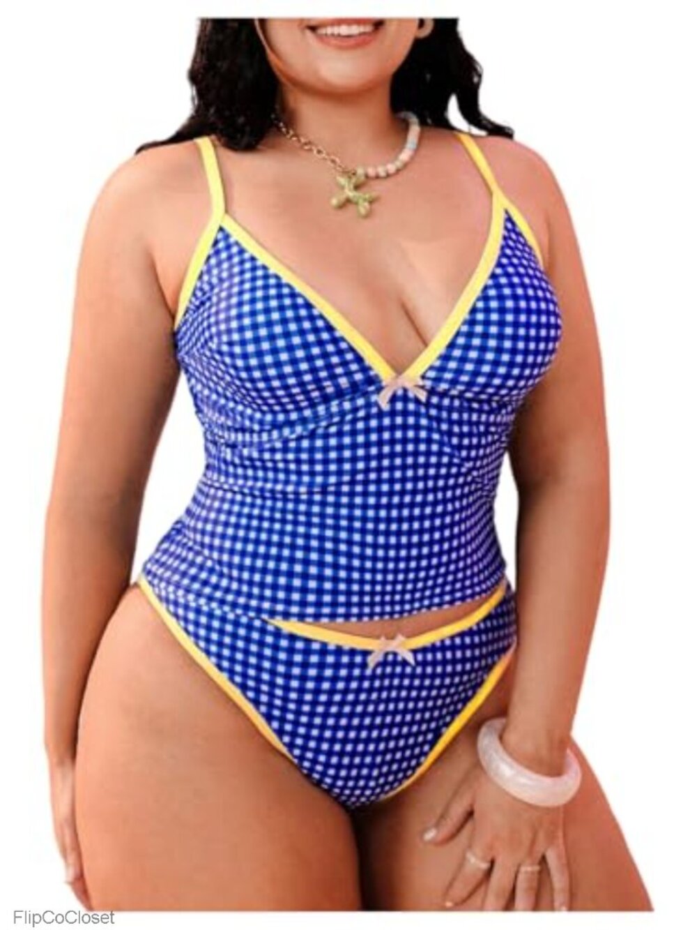 Plus Size Tankini Swimsuits Plaid Gingham Bowknot V Neck Spaghetti Strap